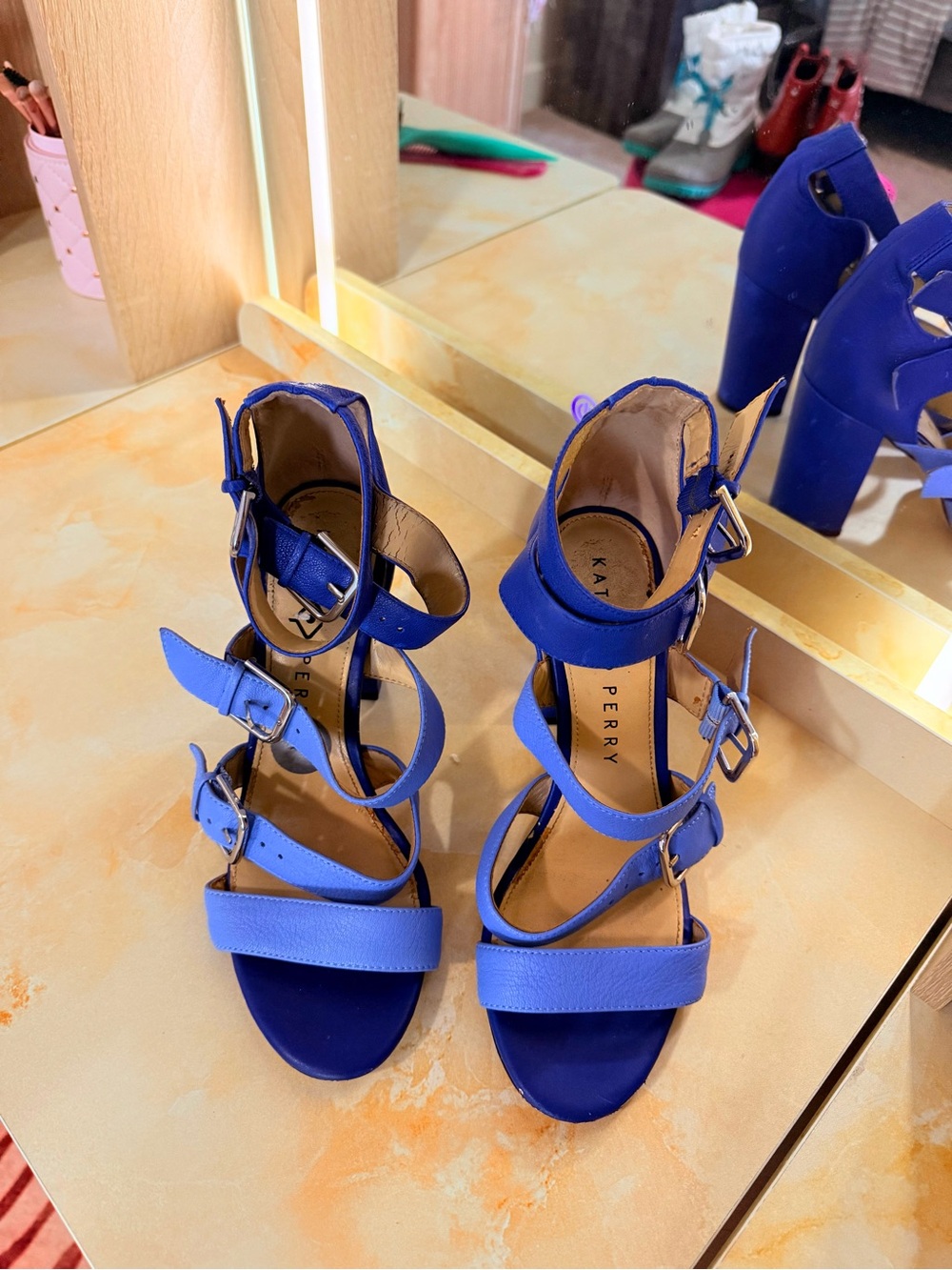Katy Perry Collections Two-Tone Blue Buckle Block Heels - Picture 2 of 5